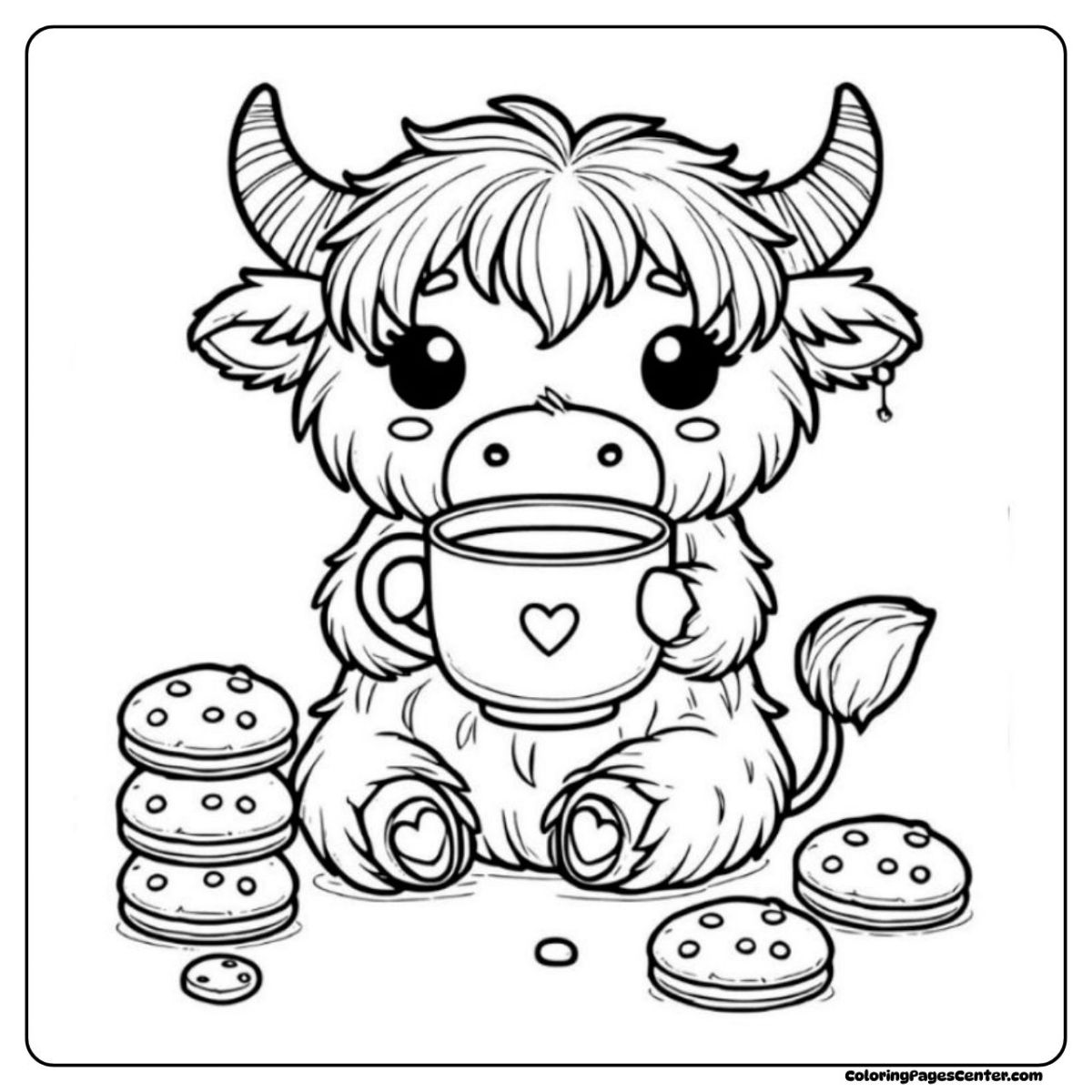 Adorable baby highland cow coloring page with a cup and sweet cookies
