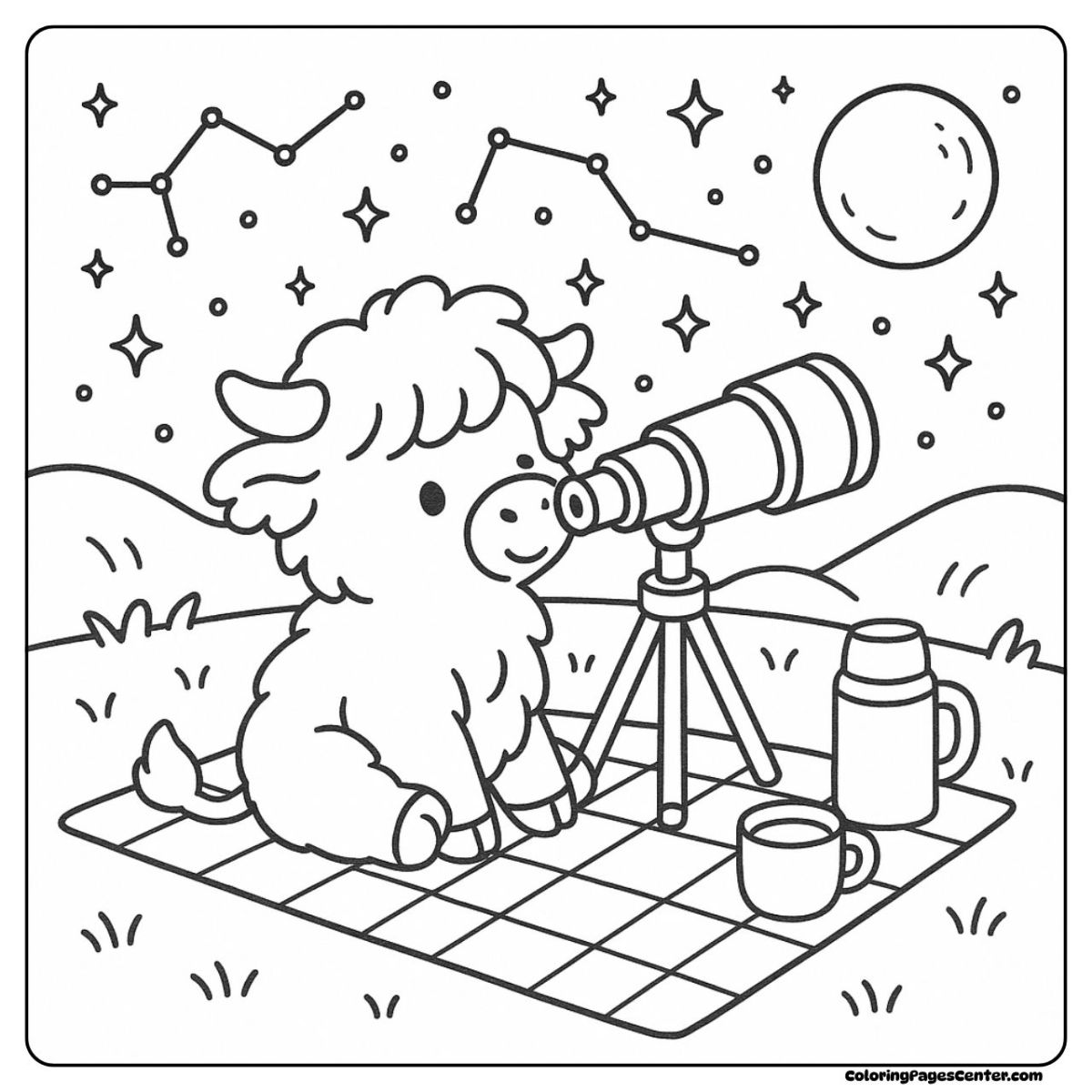 Dreamy baby highland cow coloring page looking at the stars with a telescope