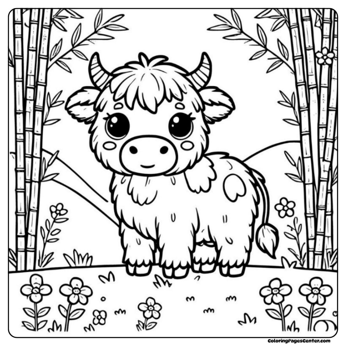 Cheerful baby highland cow coloring page surrounded by bamboo and flowers