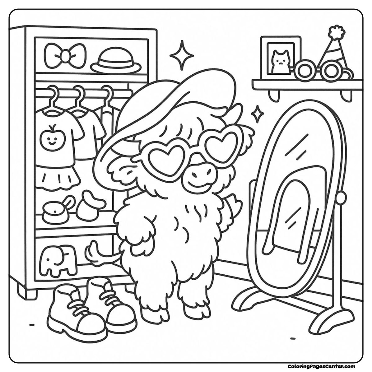 Charming baby highland cow coloring page full of adorable outfits and hats