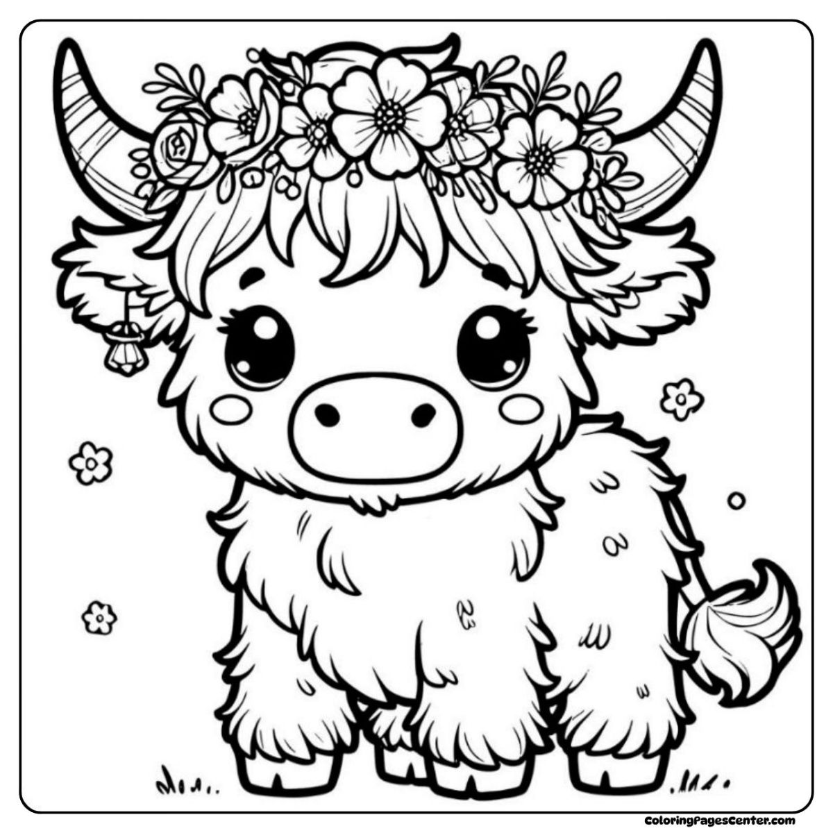 Lovely baby highland cow coloring page wearing a floral crown