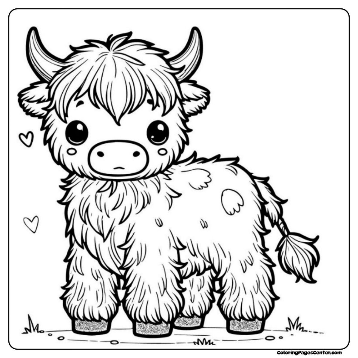 Cute baby highland cow coloring sheet showing gentle eyes and fluffy fur