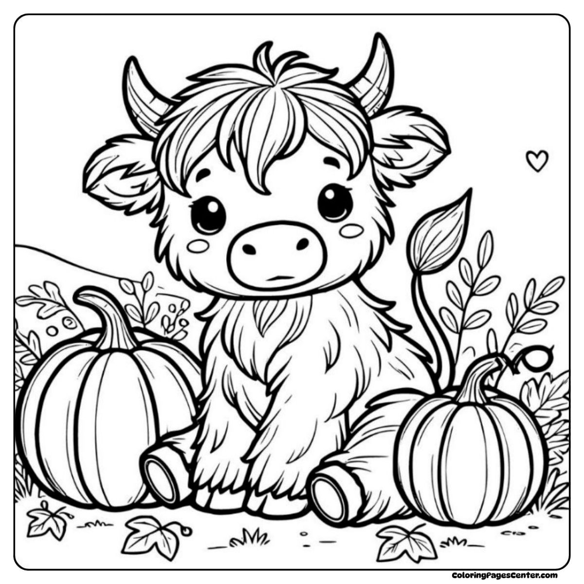 Cute baby highland cow coloring sheet sitting with pumpkins and autumn leaves