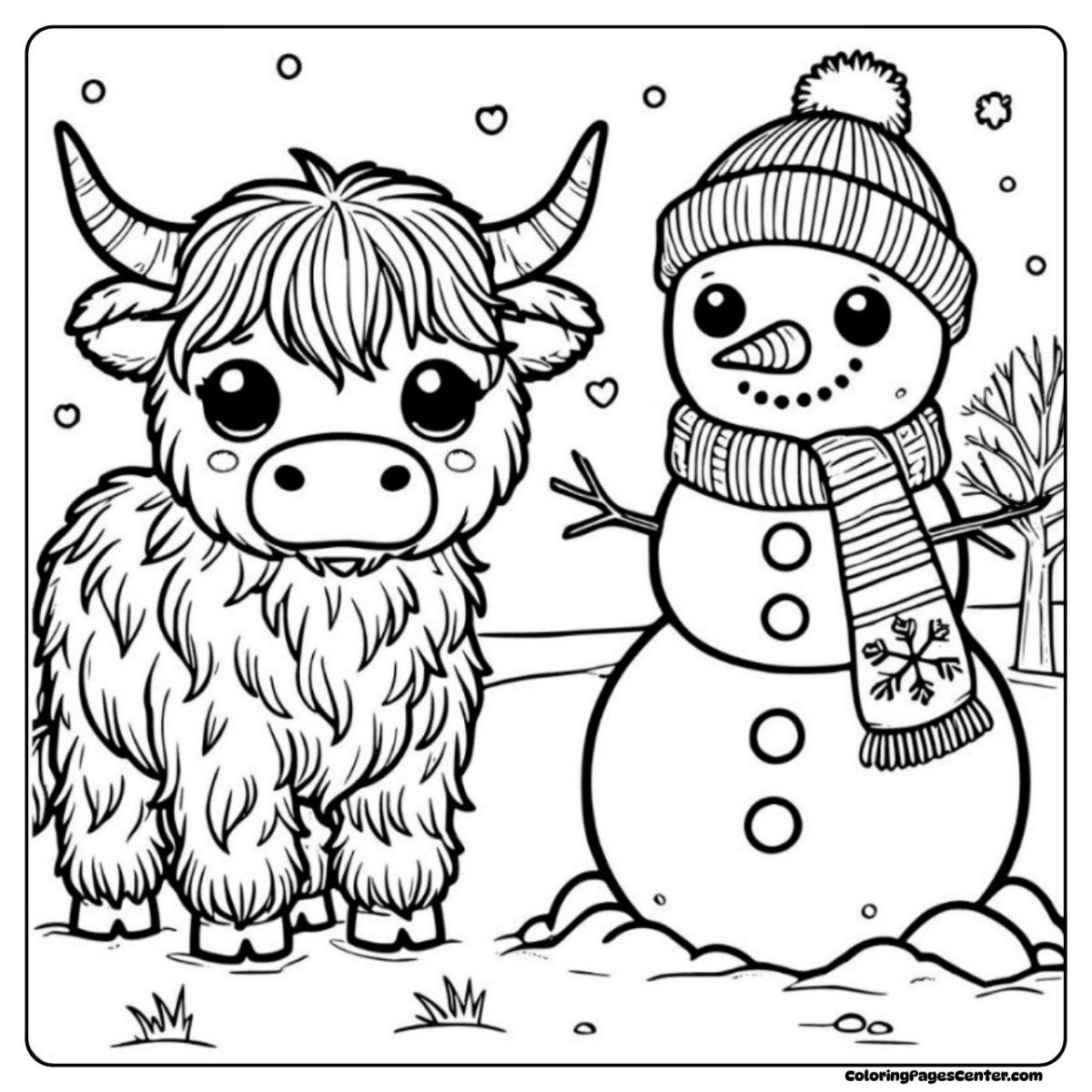Playful baby highland cow coloring sheet with a snowman and falling snow