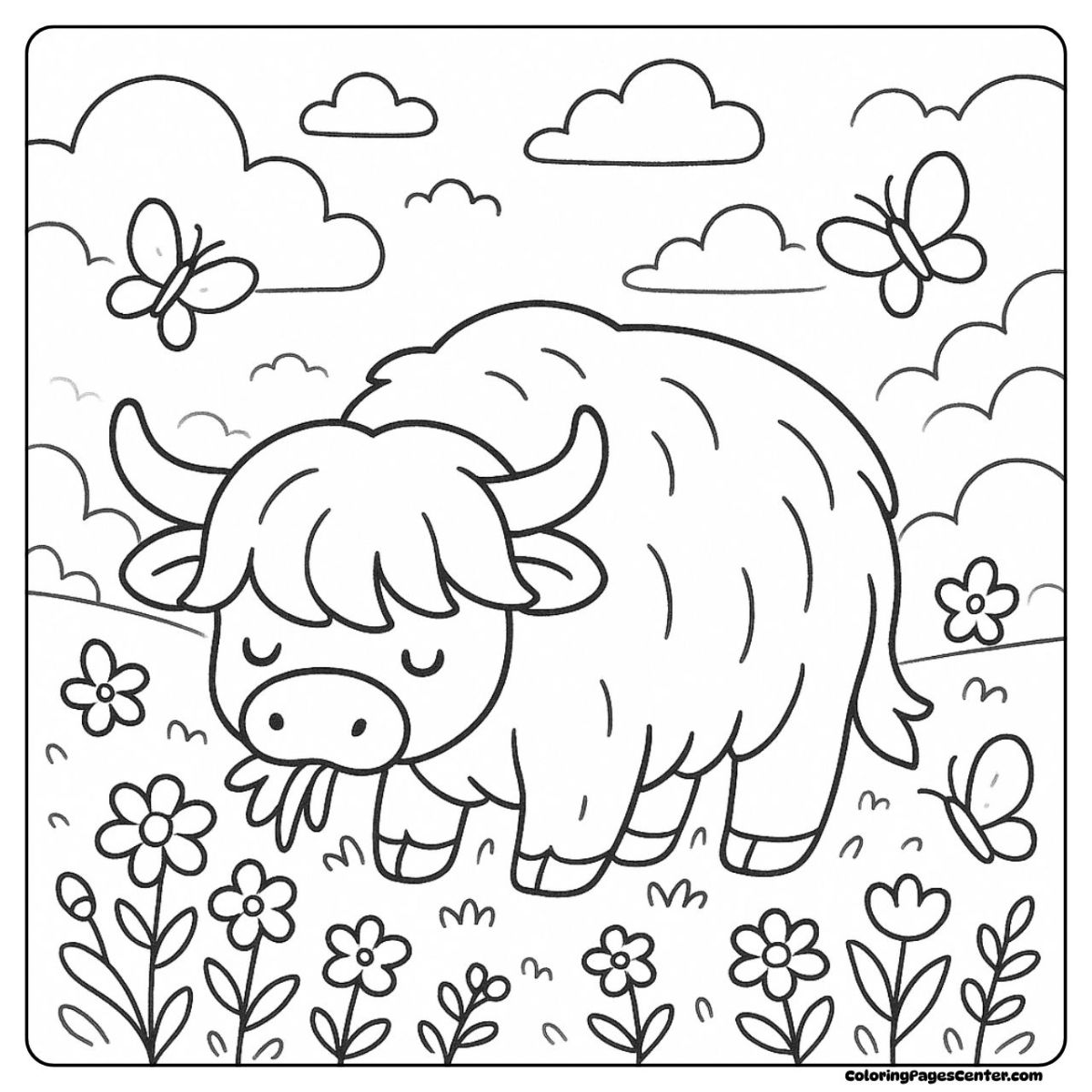 Peaceful highland cow coloring sheet munching meadow flowers