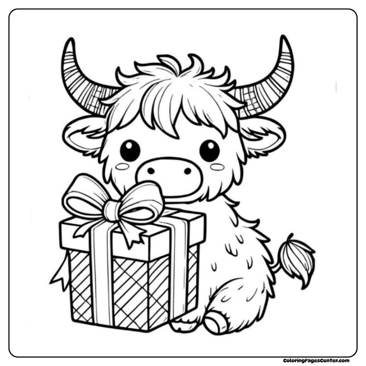 Highland cow coloring page at Christmas with a big present ready to open