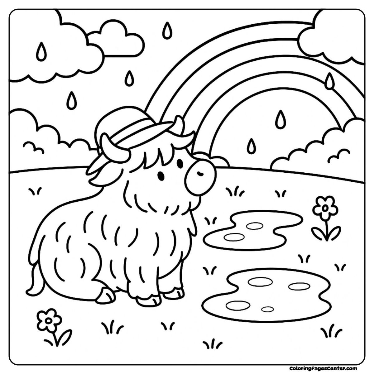 Highland cow coloring page wearing a hat in soft rain