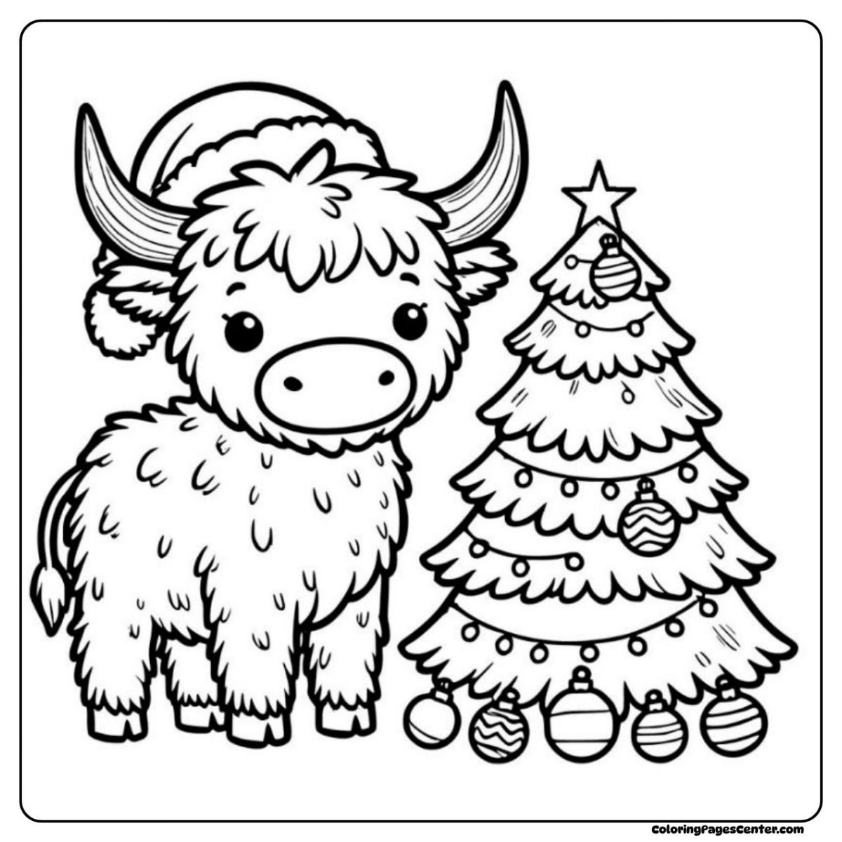 Highland cow coloring page at Christmas with ornaments and fir tree