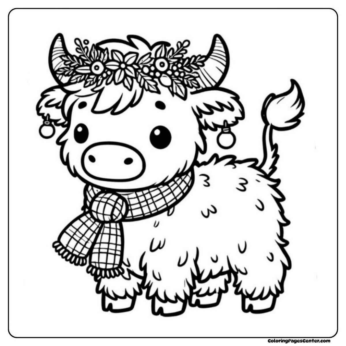 Highland cow coloring page for Christmas with floral wreath and decorations