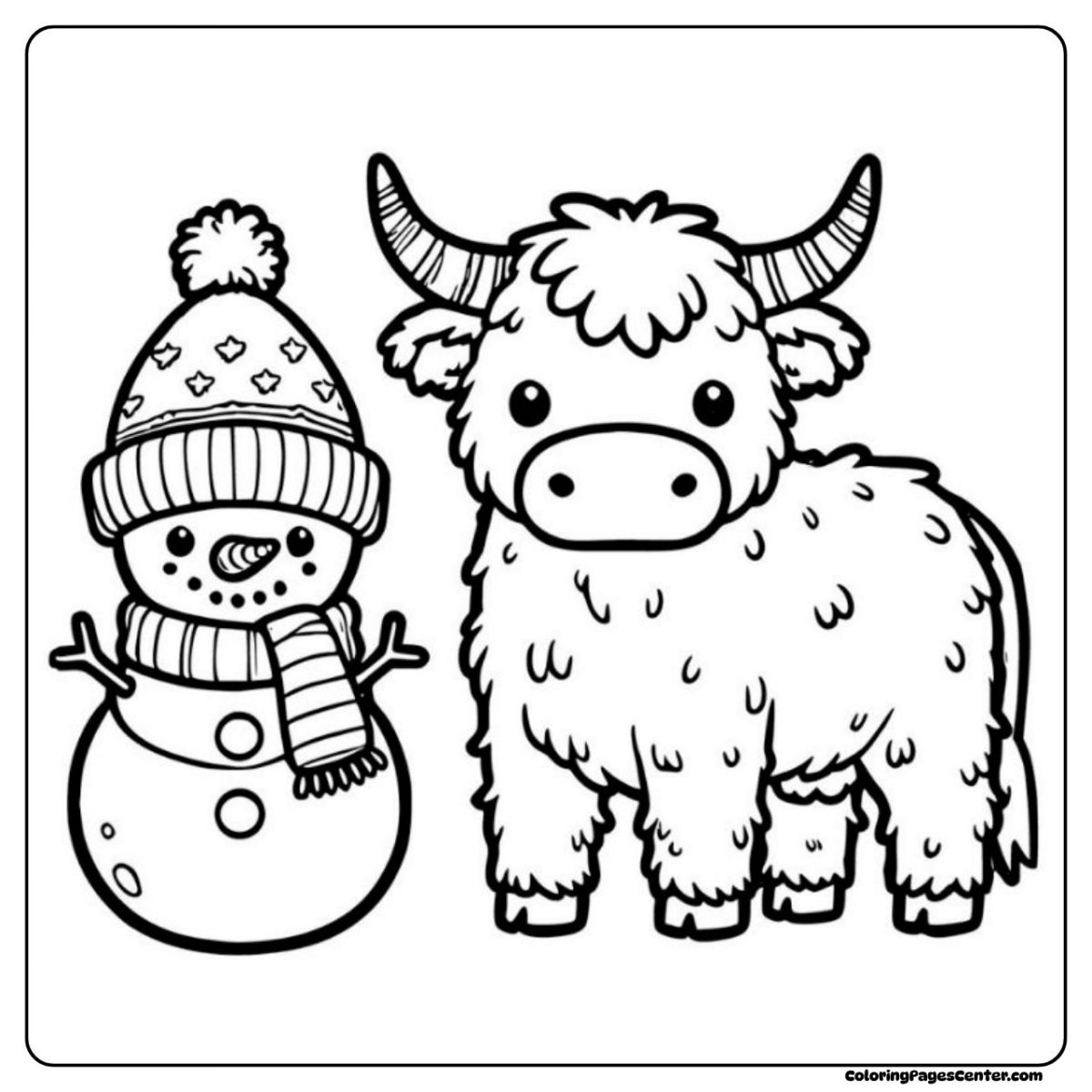 Highland cow coloring page at Christmas beside a cheerful winter snowman