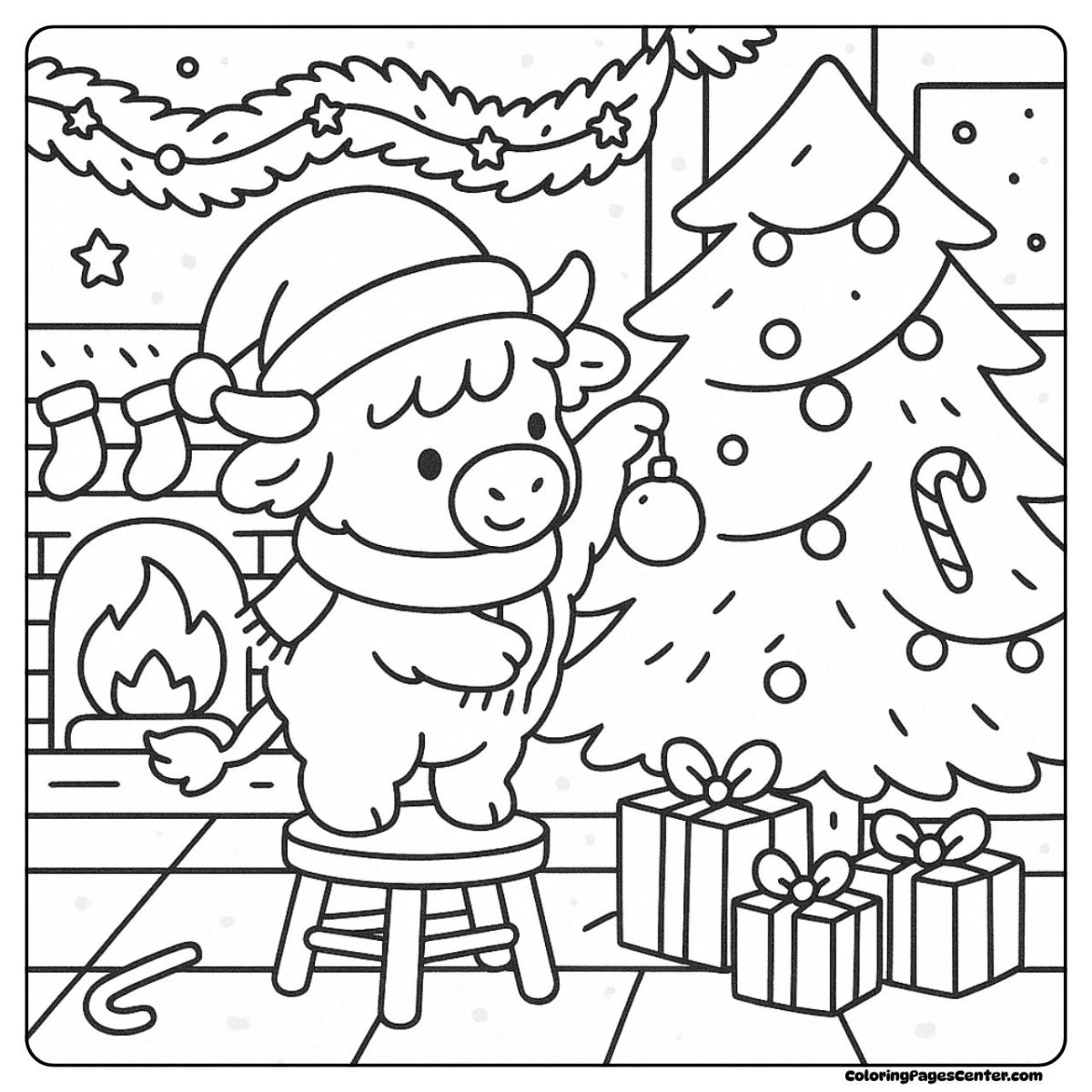 Highland cow coloring page at Christmas with fireplace and Christmas tree