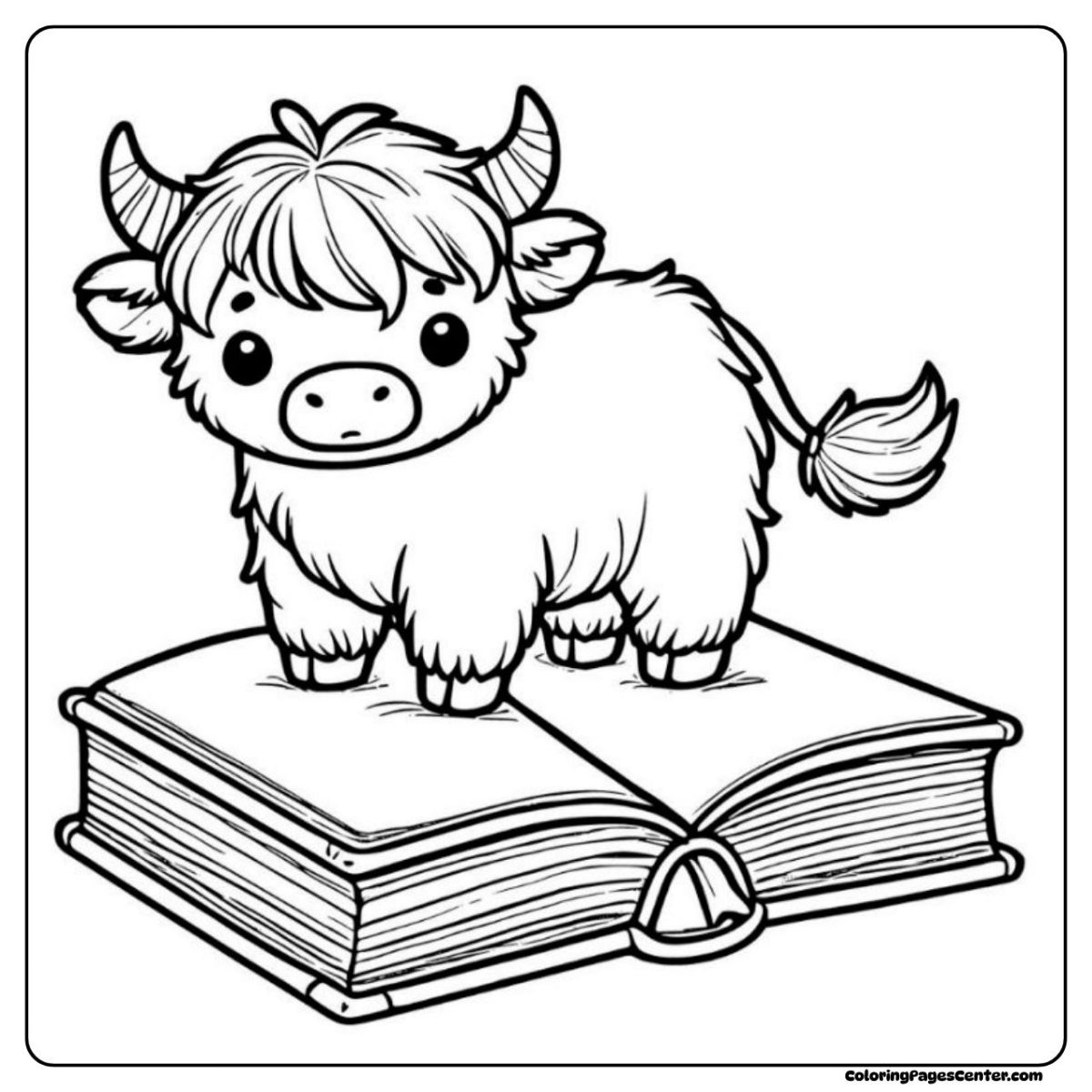 Mini highland cow coloring page standing on an open book