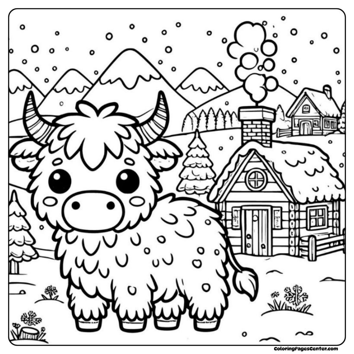 Highland cow coloring page for Christmas with cabins and snowy mountains