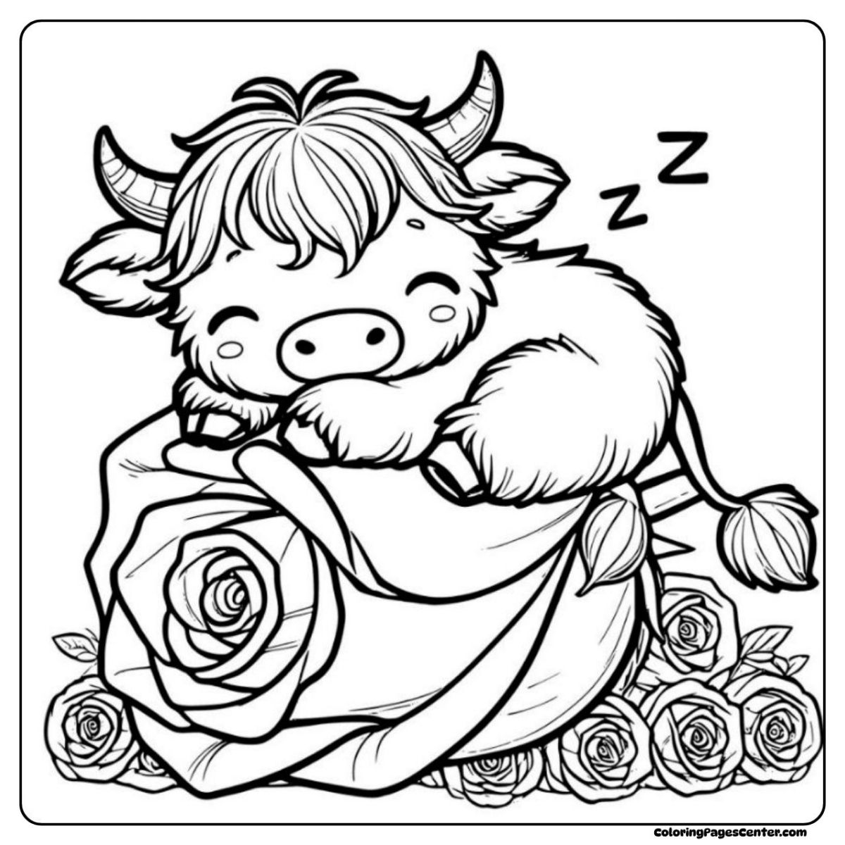 Mini highland cow coloring page sleeping on a bed of roses