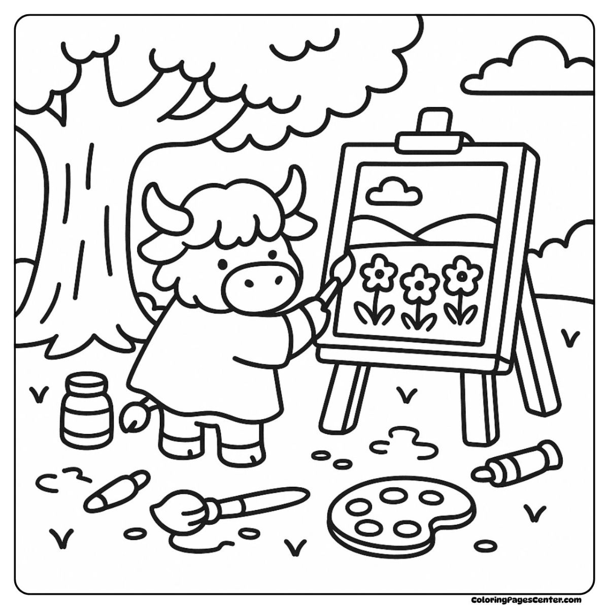 Highland cow coloring page making art under a big tree