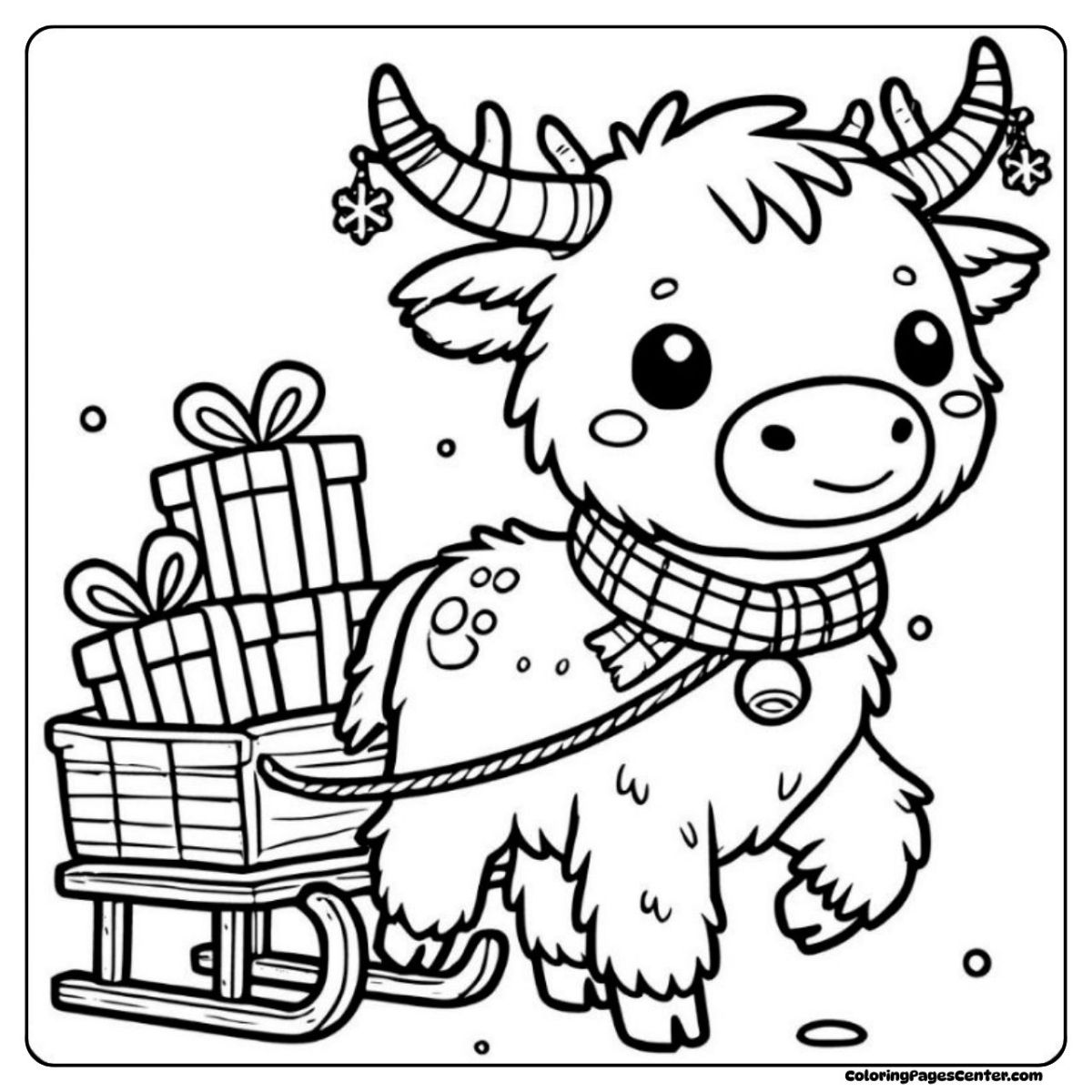 Highland cow coloring page with gifts and a festive scarf for Christmas
