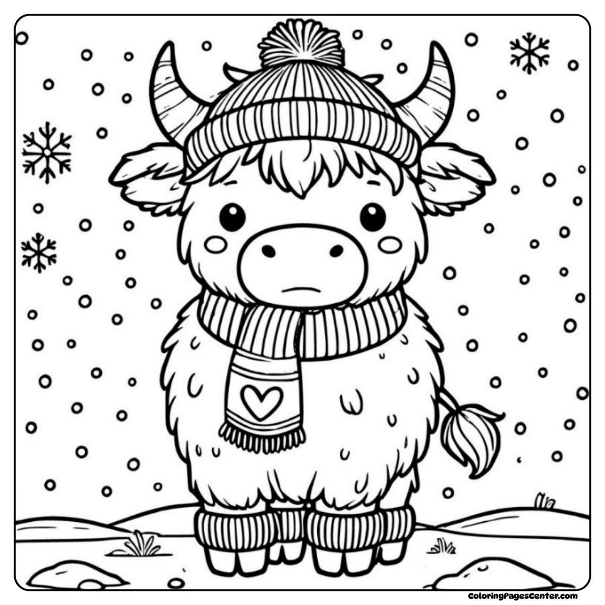 Cute highland cow coloring page with picnic basket and green trees