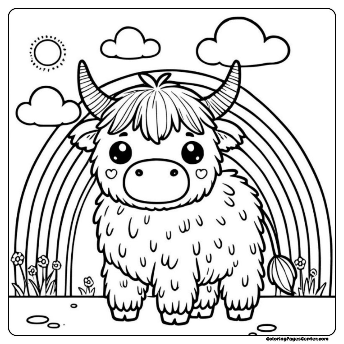 Cute highland cow coloring page with bamboo trees and wild grass