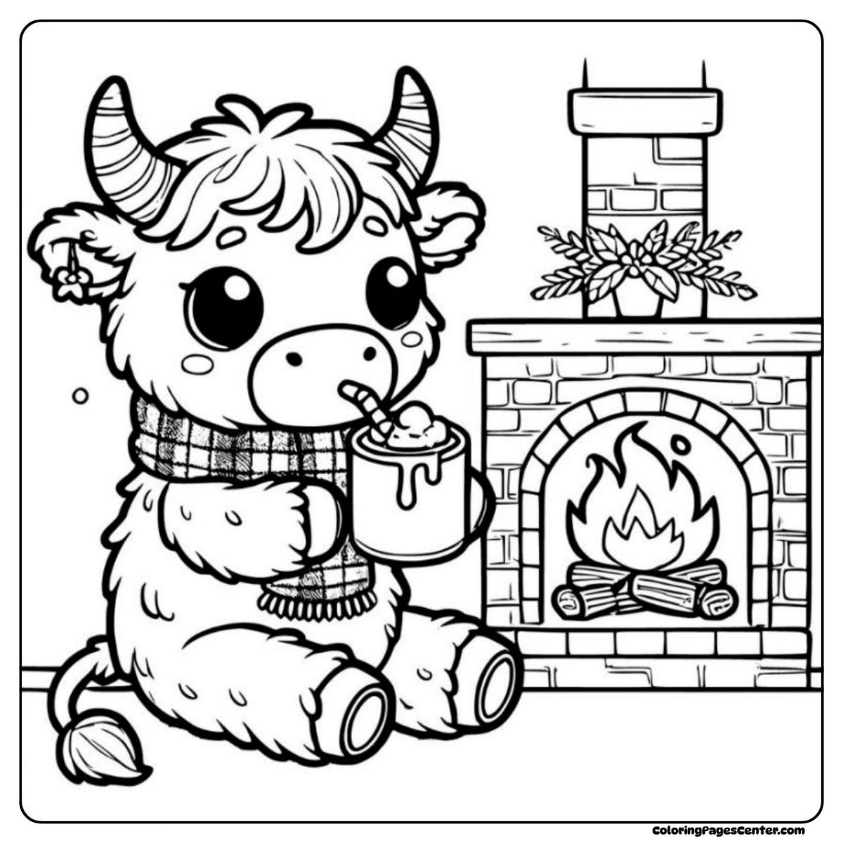 Cute highland cow coloring page and butterfly near wildflowers
