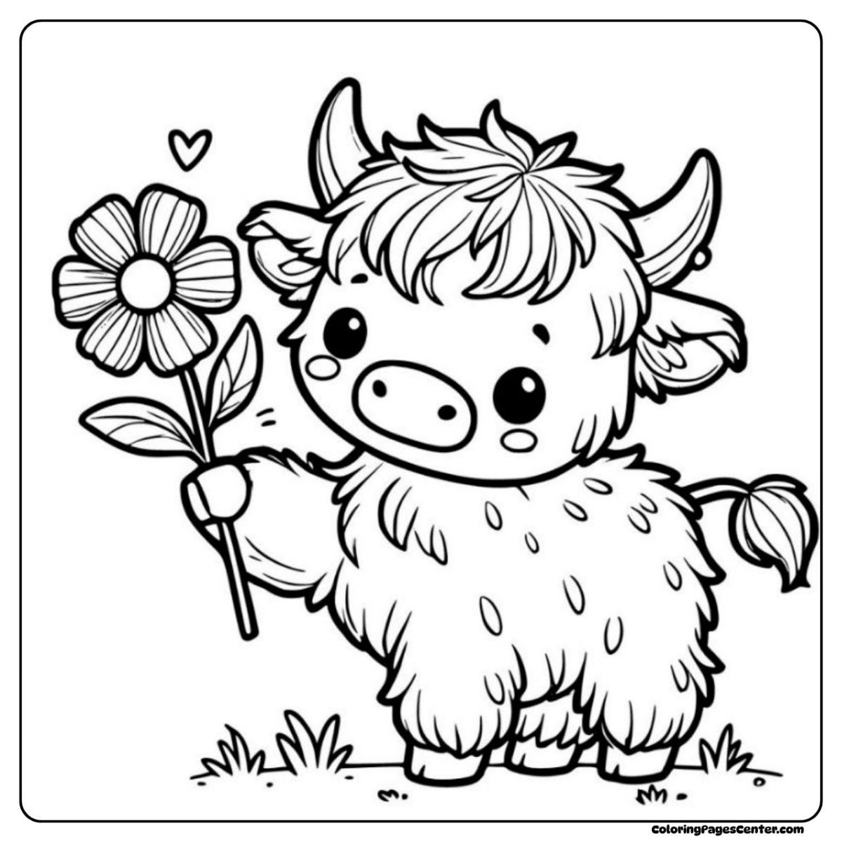 Cute highland cow coloring page with hat and scarf in snowy scene