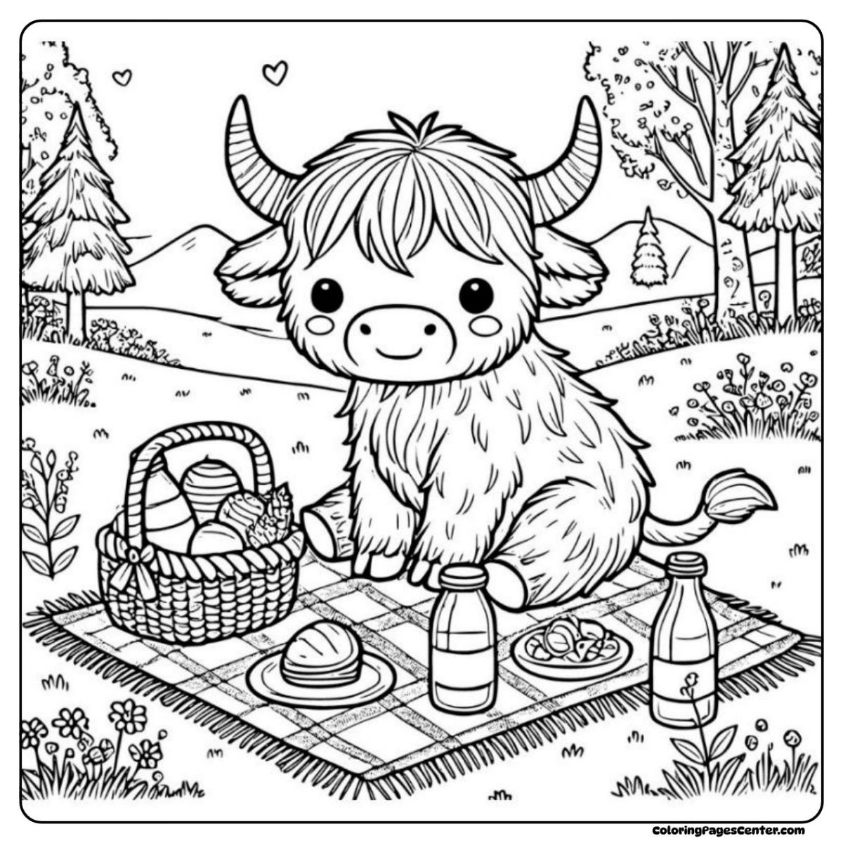 Cute highland cow coloring page with a flower and playful look