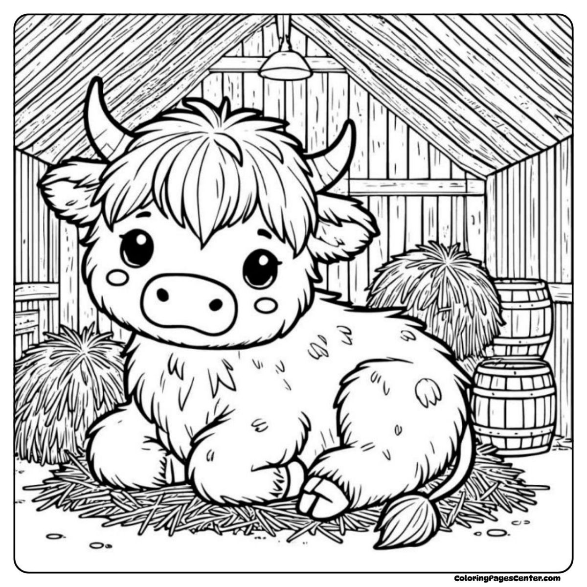 Cute highland cow coloring page warm inside with cocoa and fire