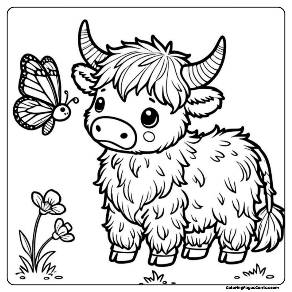 Cute highland cow coloring page resting inside a warm wooden barn Cute highland cow coloring page on straw in the cozy barn
