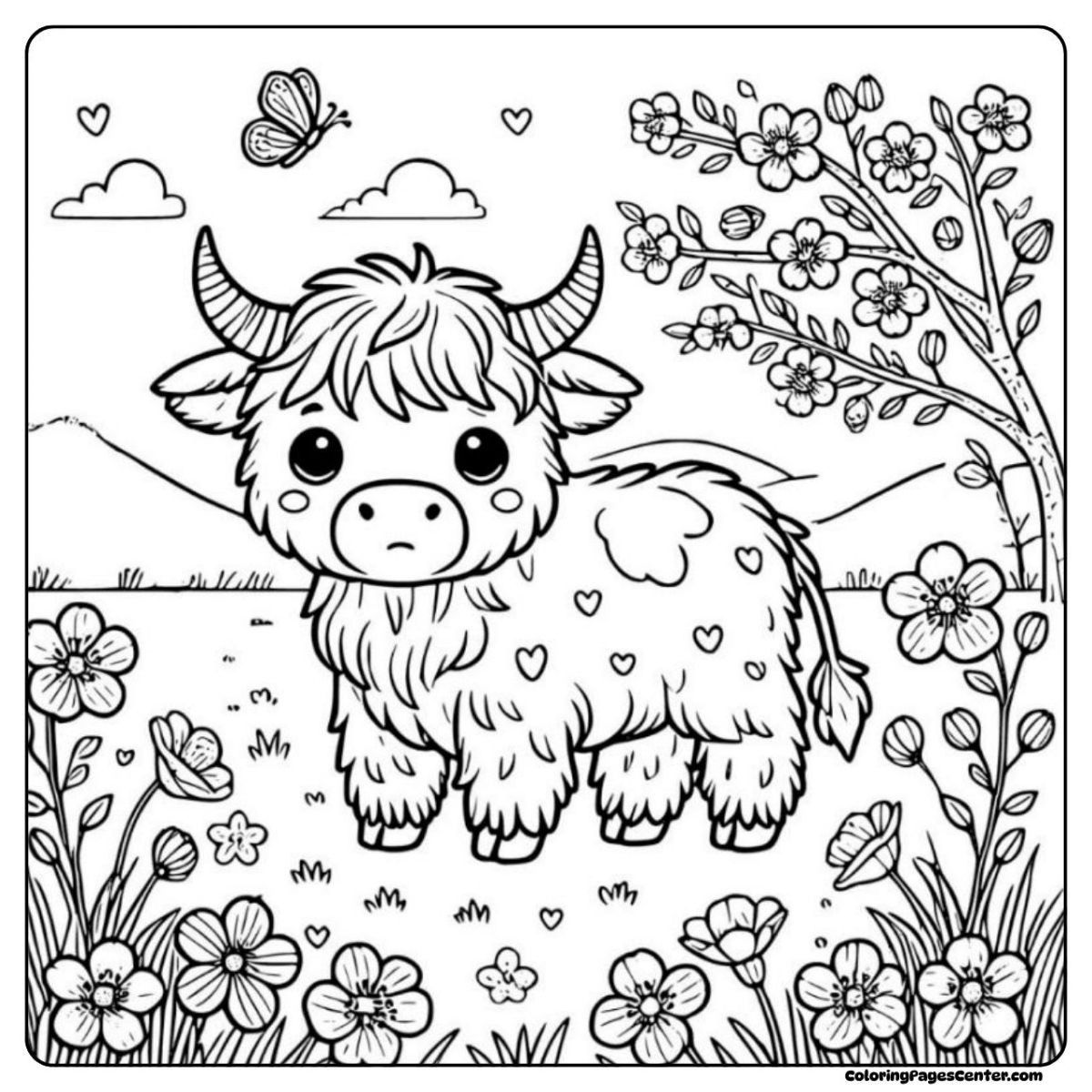 Cute highland cow coloring page with rainbow, sun, and greenfield