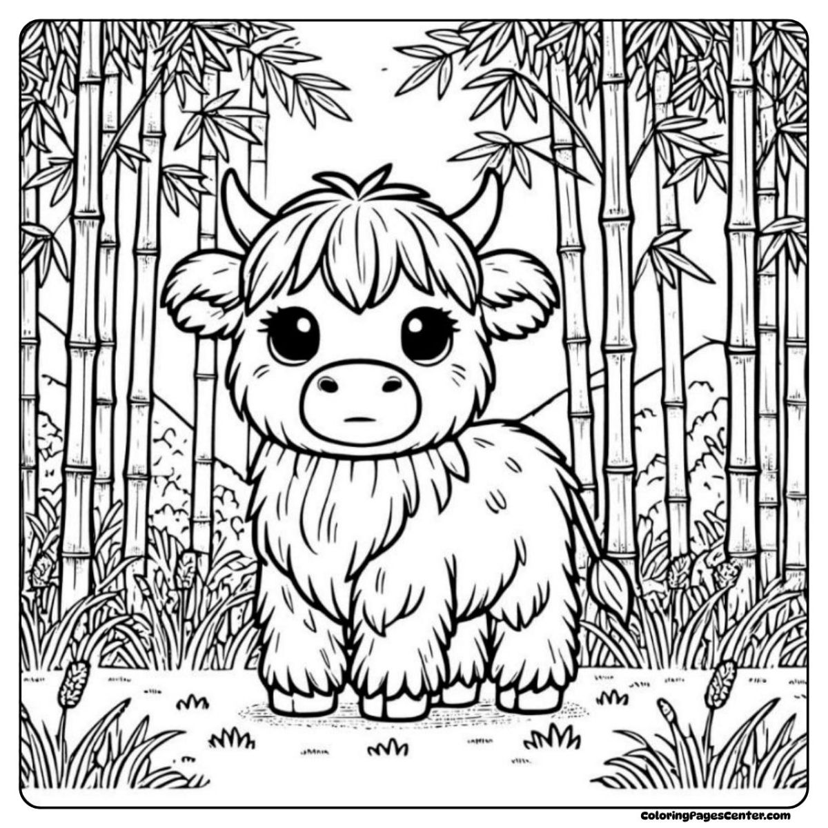 Cute highland cow coloring page surrounded by flowers and butterflies