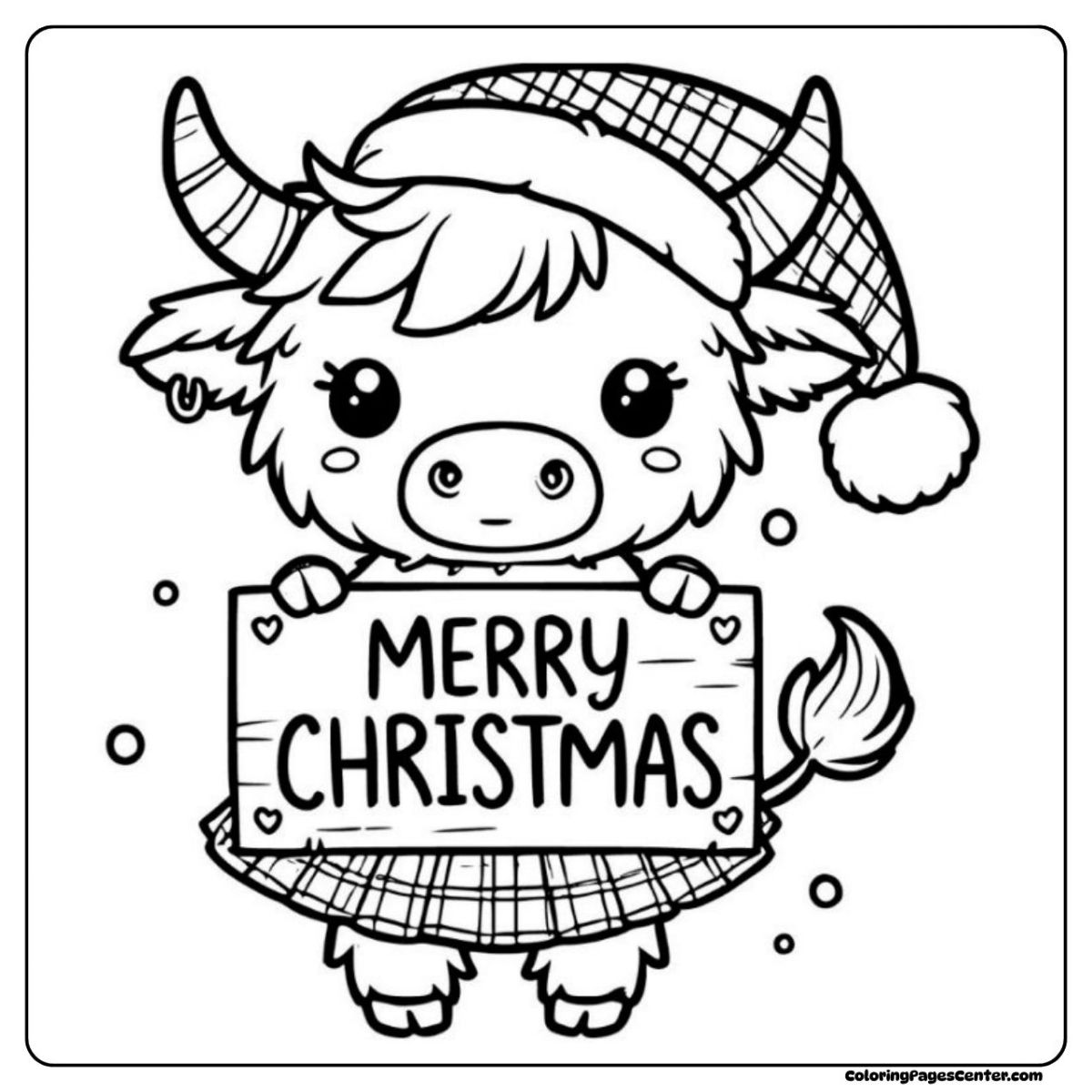 Highland cow coloring page with Santa hat and Christmas greeting message