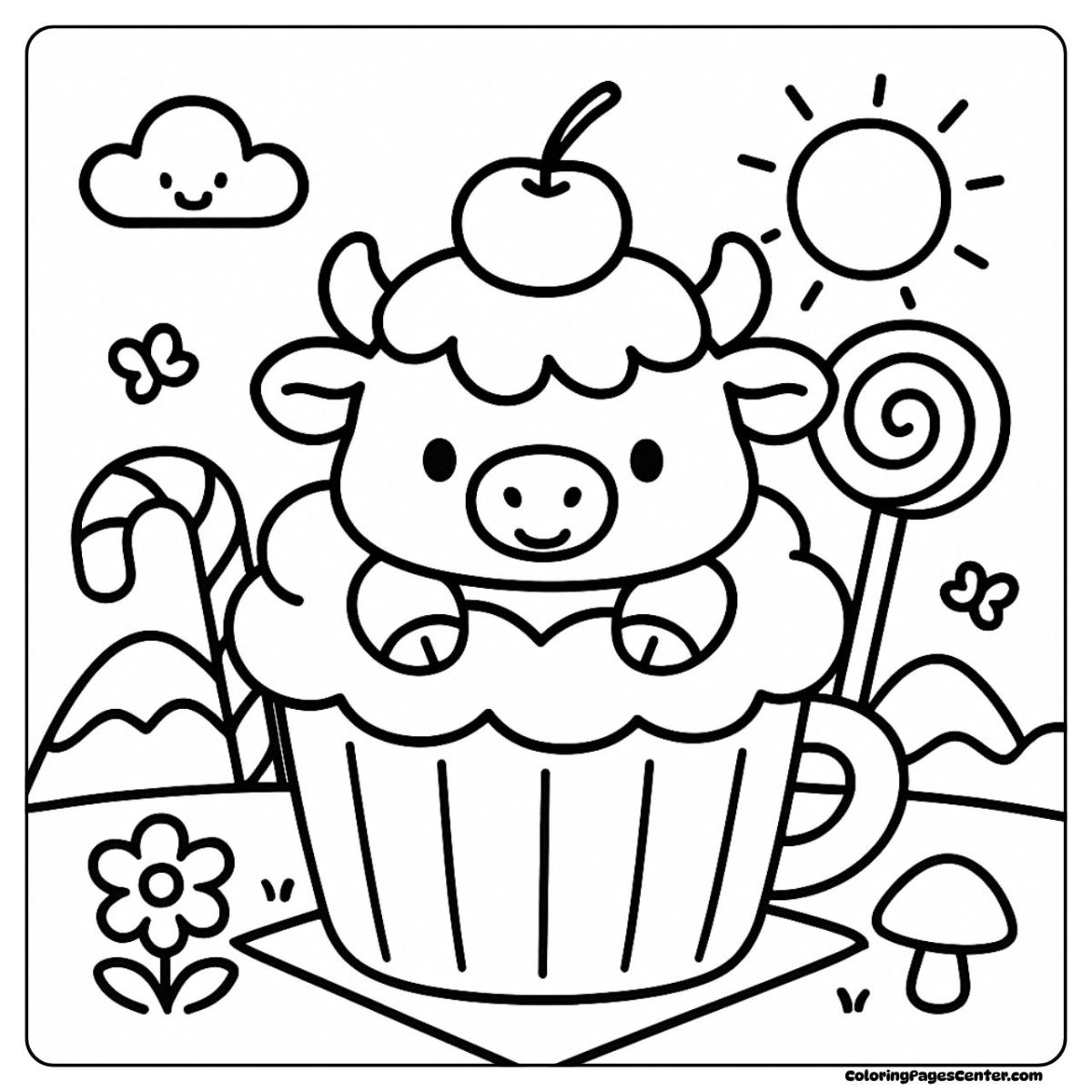 Discover a mini highland cow coloring page in a cupcake world Mini highland cow coloring page with cherry cupcake delight