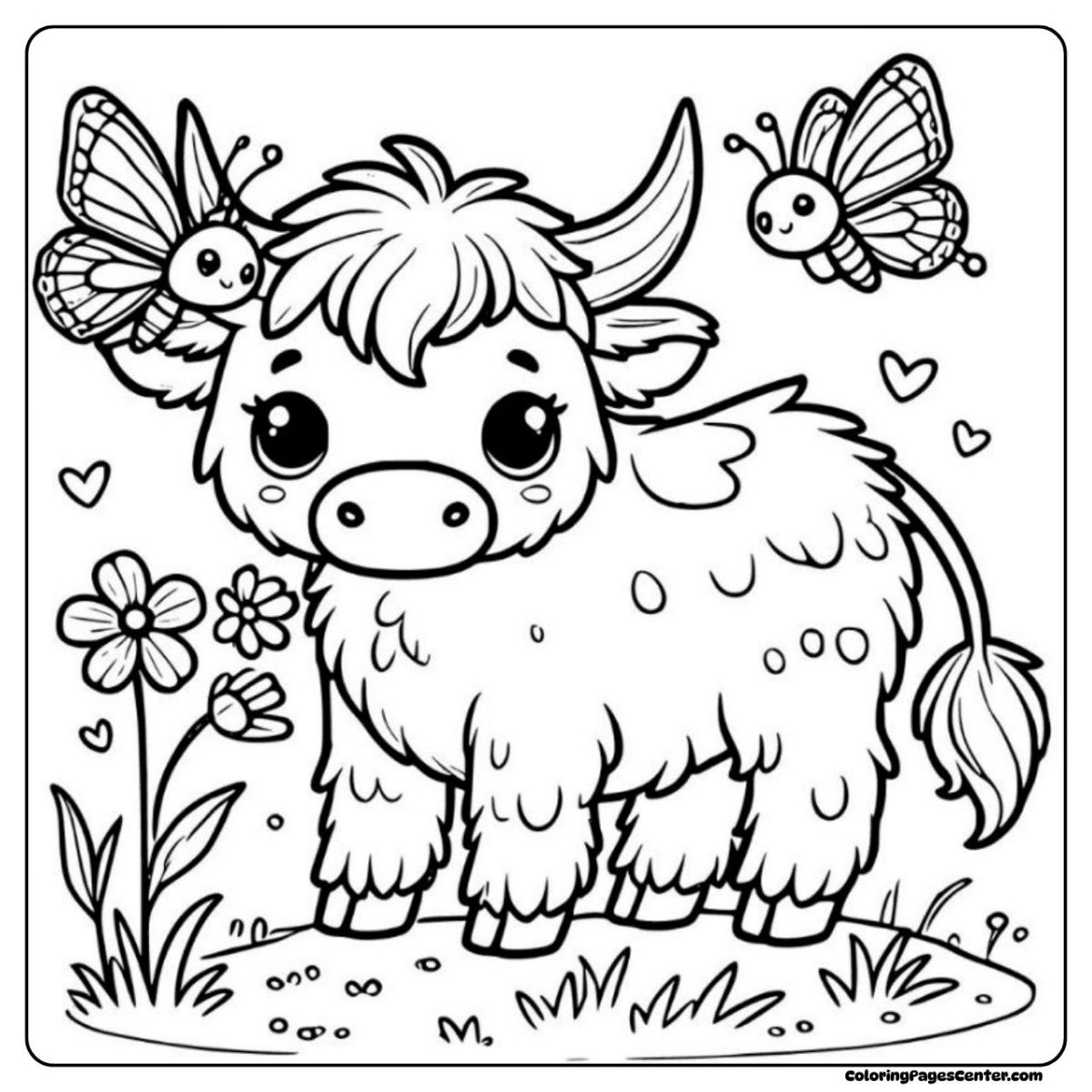 Easy highland cow coloring page with butterflies and spring flowers Highland cow coloring page surrounded by playful butterflies and blooms