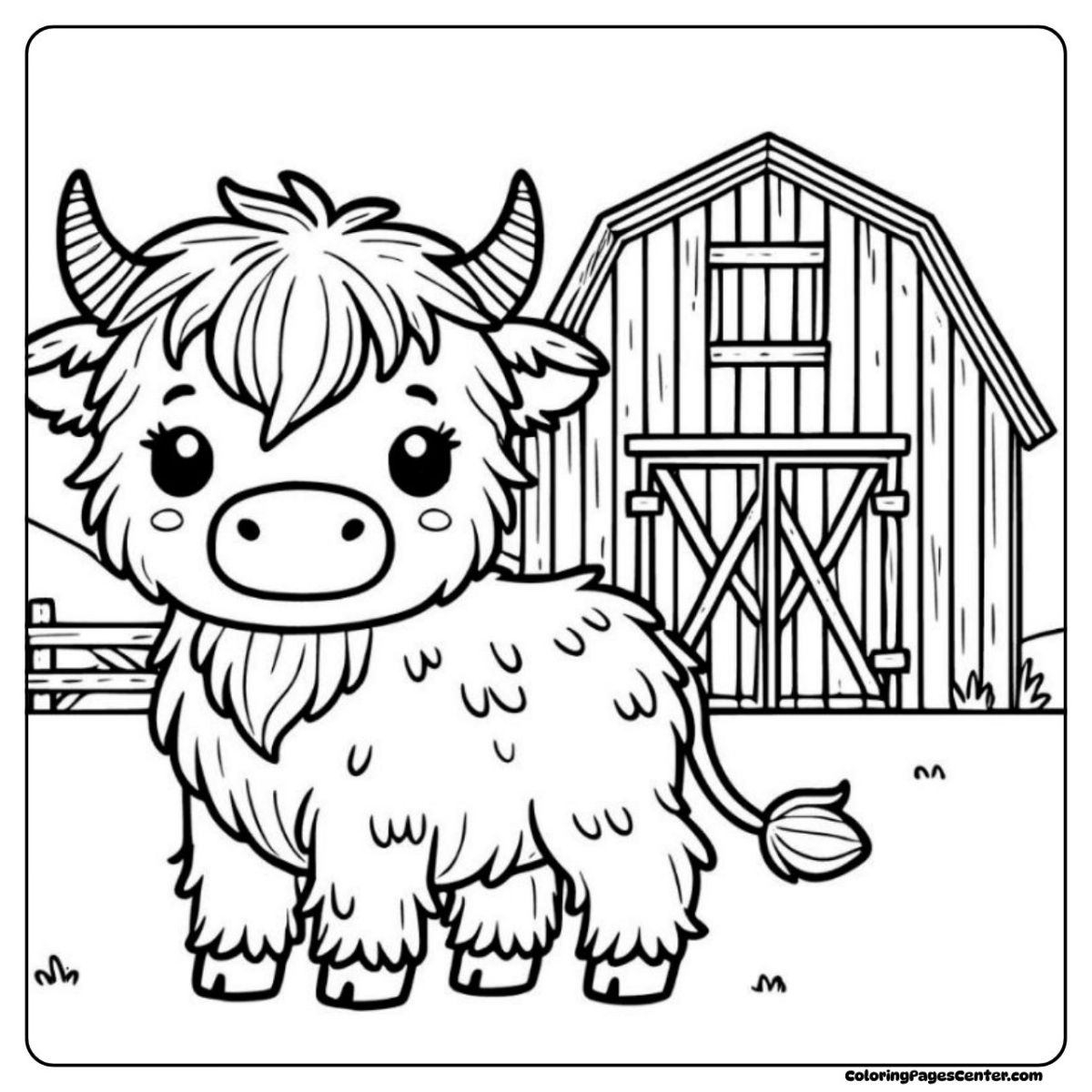 Easy highland cow coloring page in front of a classic wooden barn Highland cow coloring page with farm barn and wooden fences