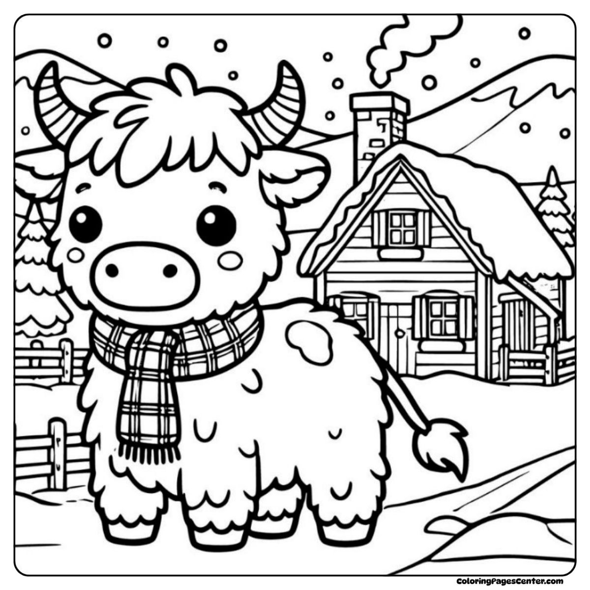 Easy highland cow coloring page by a cozy cabin in wintertime Highland cow coloring page with scarf and snowy village house