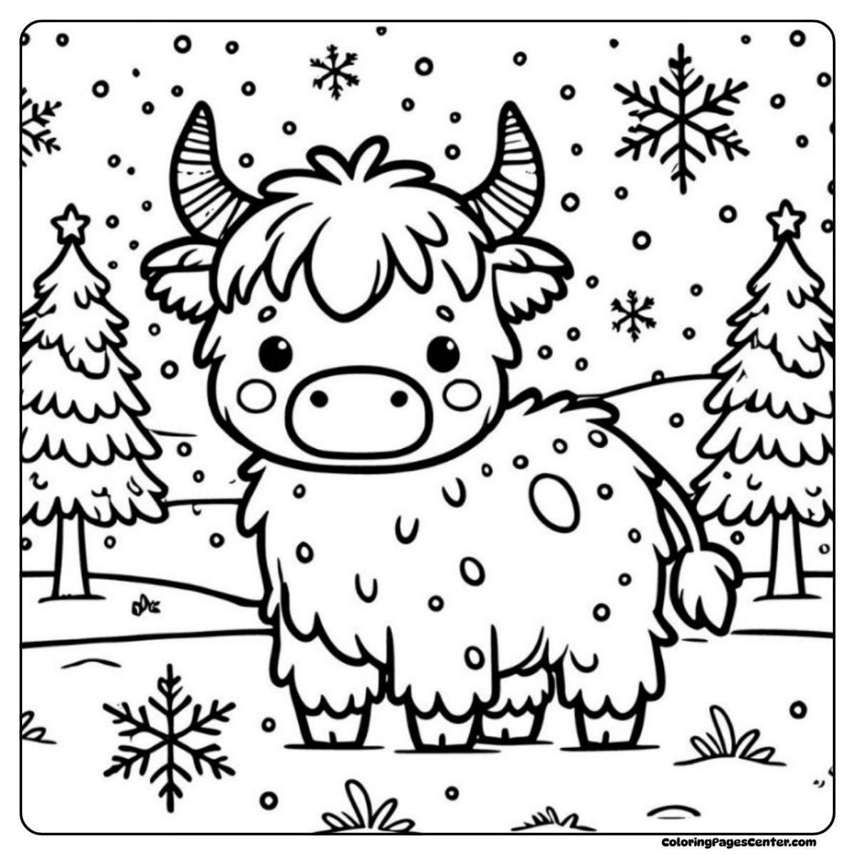 Highland cow coloring sheet with gentle snow and snowy pine trees