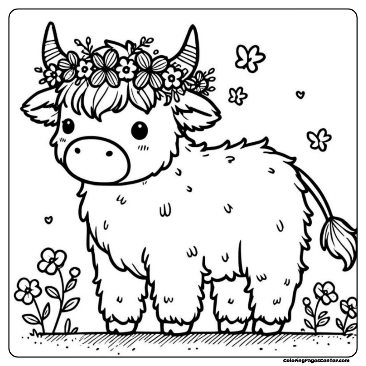 Easy highland cow coloring page with a flower crown and butterflies Sweet highland cow coloring page surrounded by spring flowers and butterflies