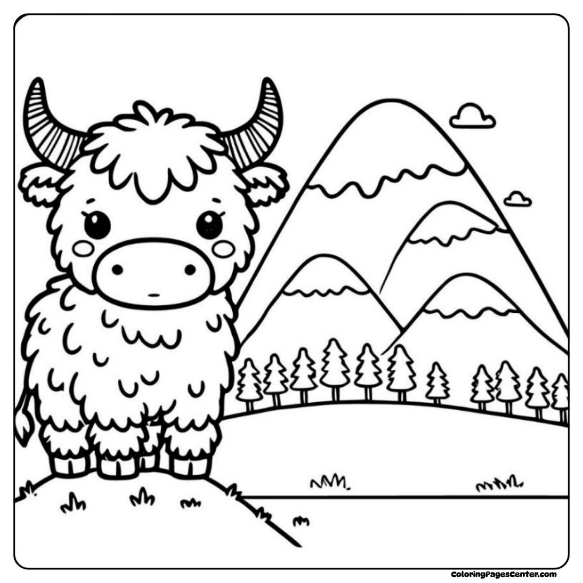 Easy highland cow coloring page with forest hills and mountain view Highland cow coloring page with distant mountains and pine trees