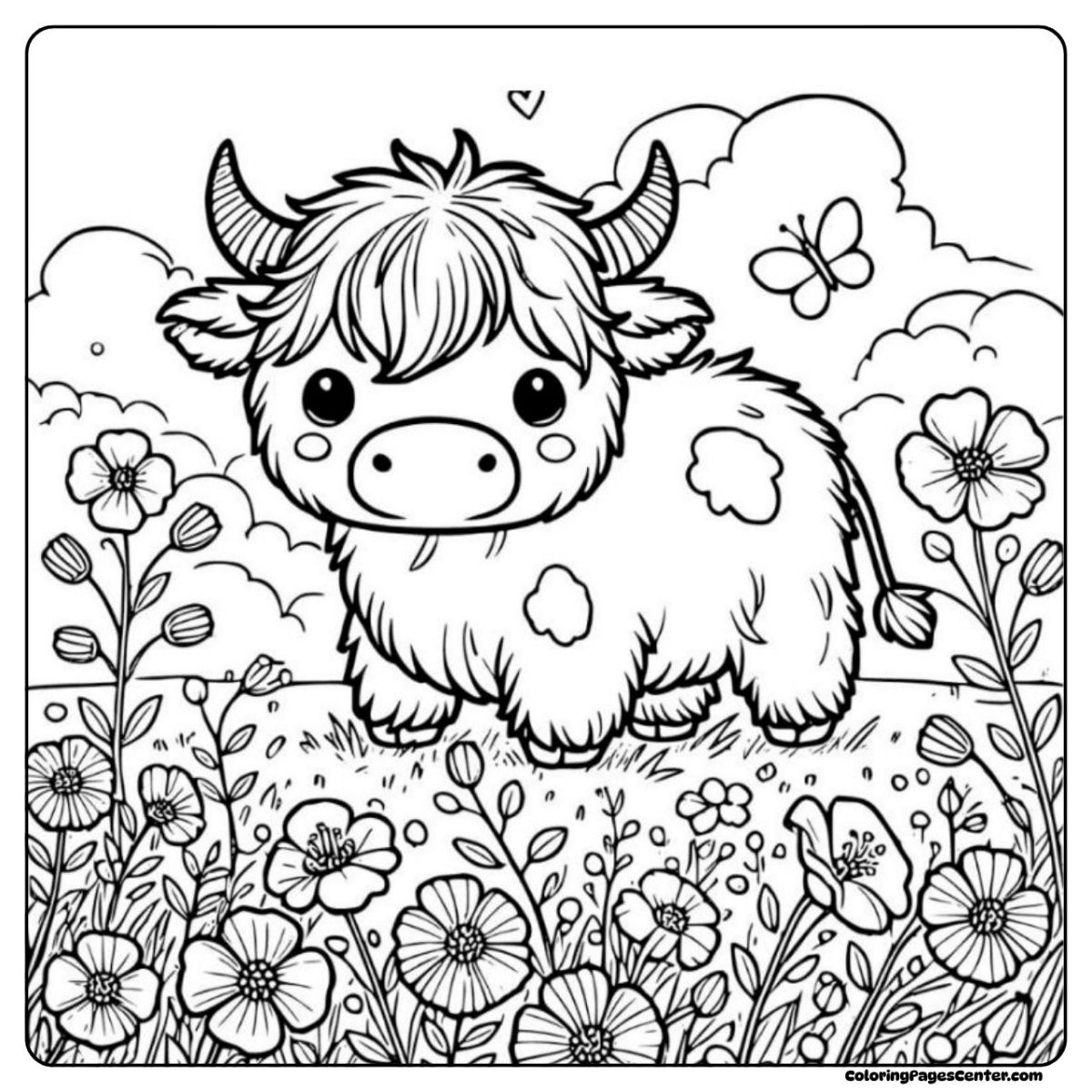 Easy highland cow coloring page in a meadow full of wildflowers Highland cow coloring page with bright flowers and soft grassy field