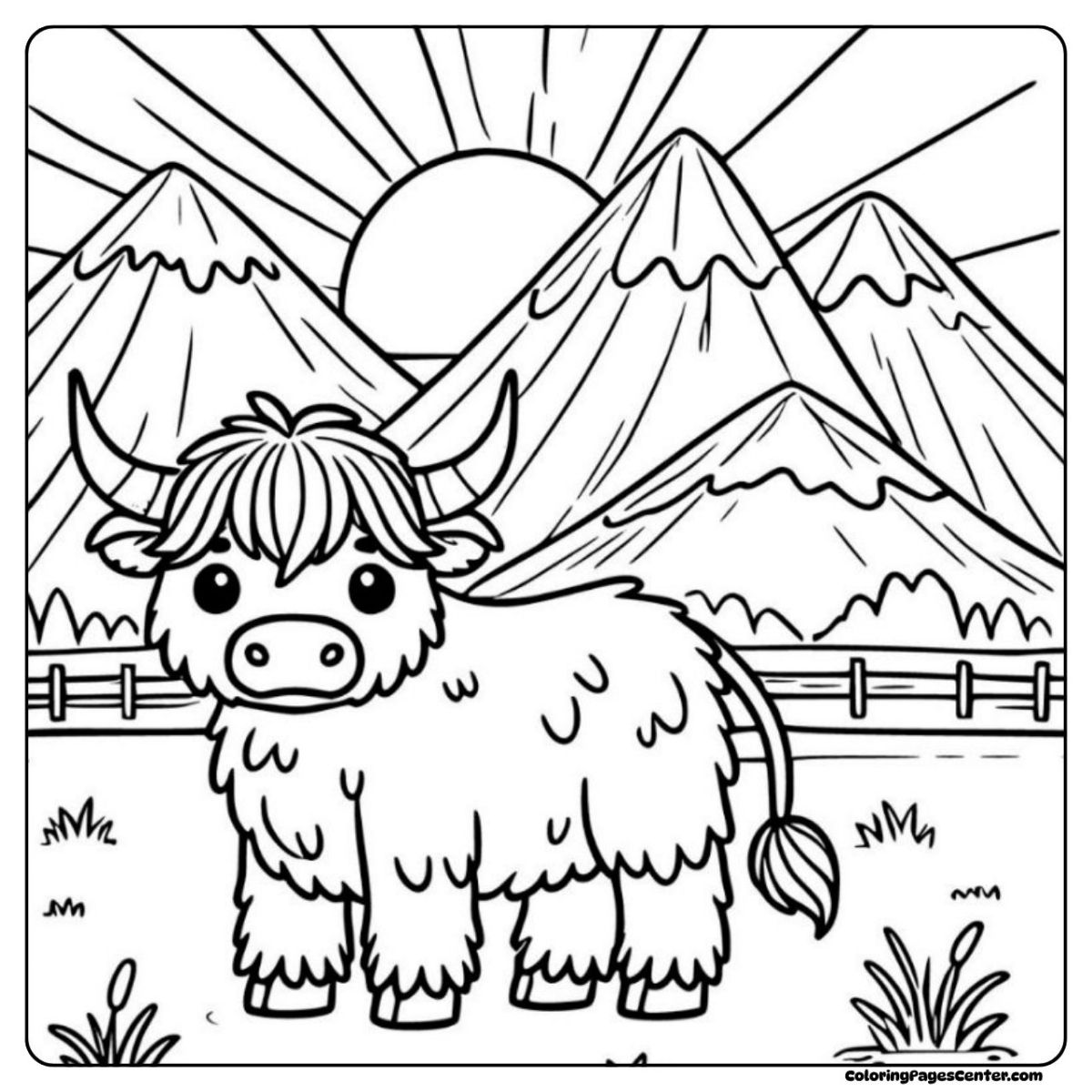 Easy highland cow coloring page with mountain sunrise in the background Highland cow coloring sheet with sun rising over mountain peaks
