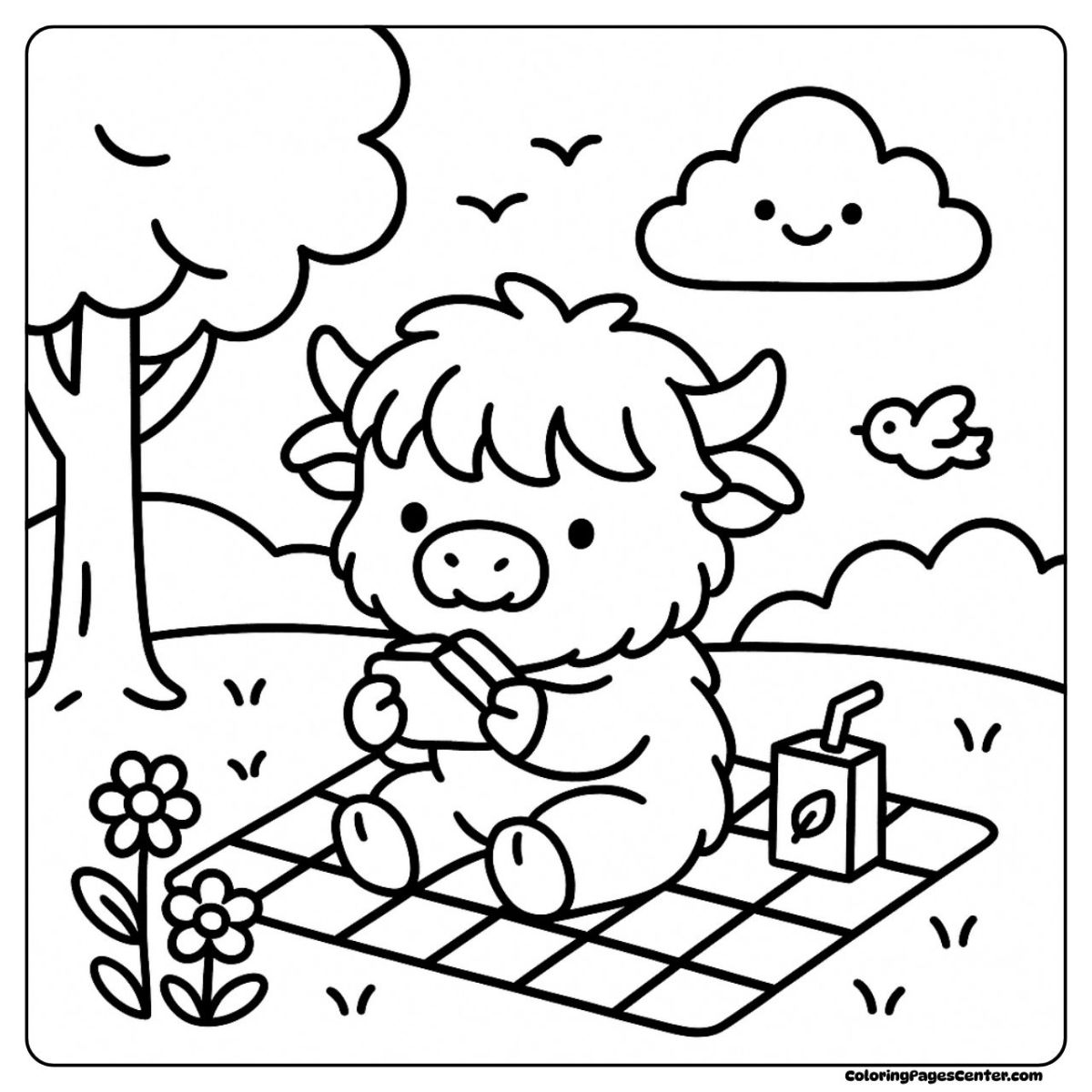 Relaxing highland cow coloring page with a picnic and happy clouds