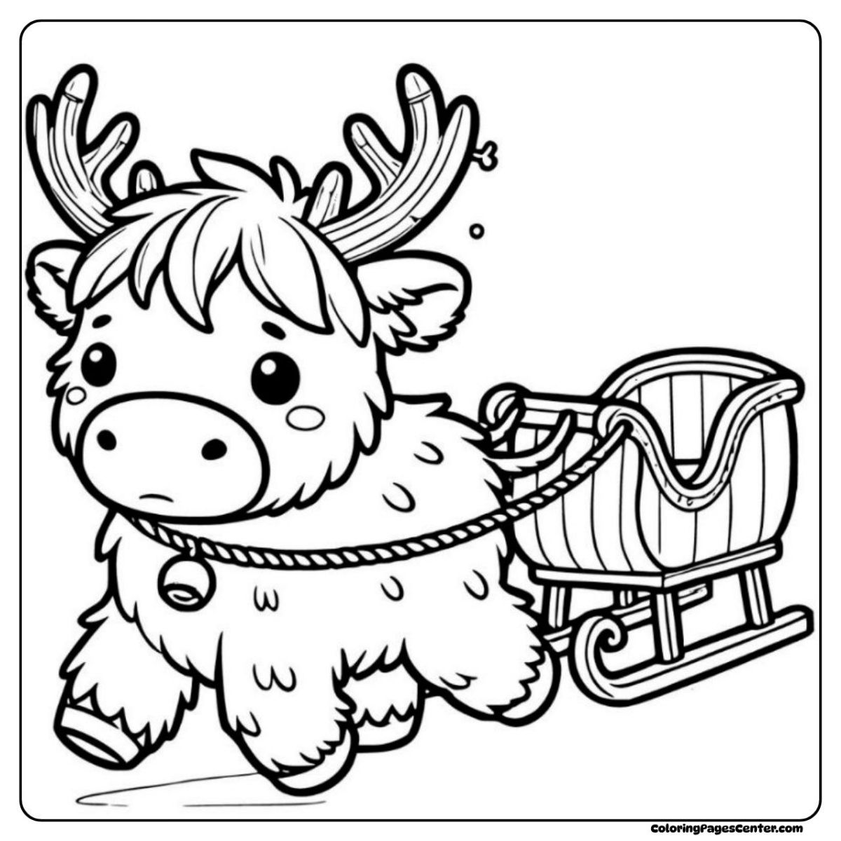 Easy highland cow coloring page pulling a wooden sleigh in winter Highland cow coloring page with reindeer antlers and snow sleigh