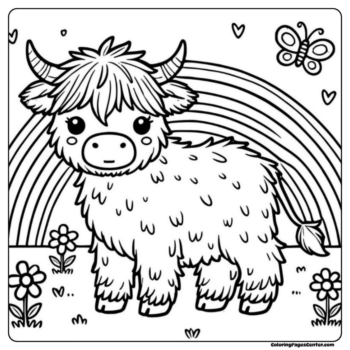 Playful highland cow coloring page with rainbow and cheery blooms