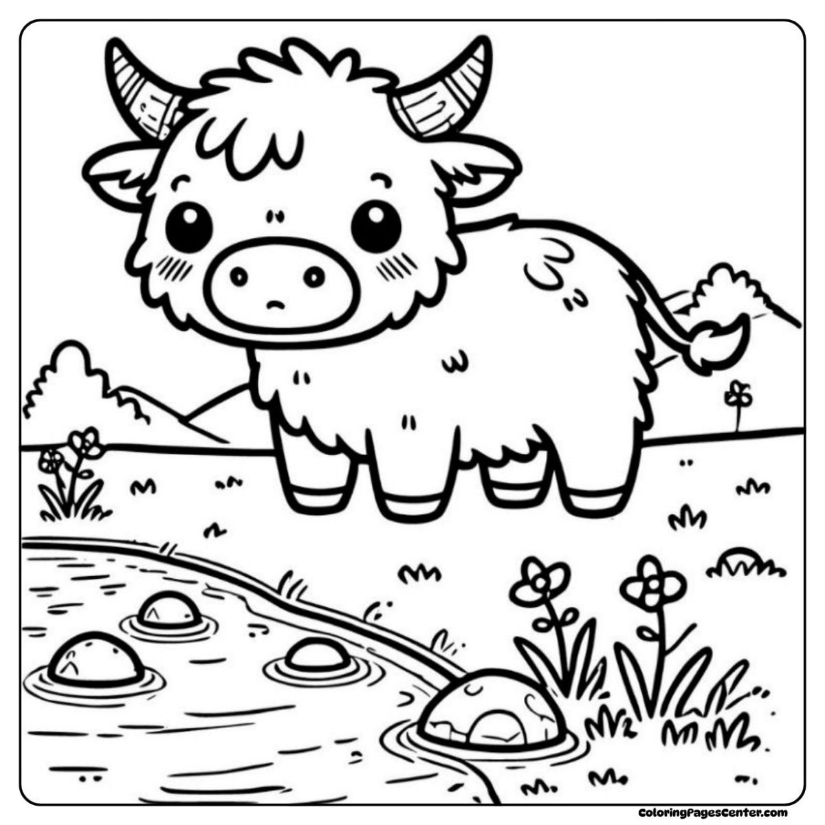 Highland cow coloring page standing by a stream with gentle hills