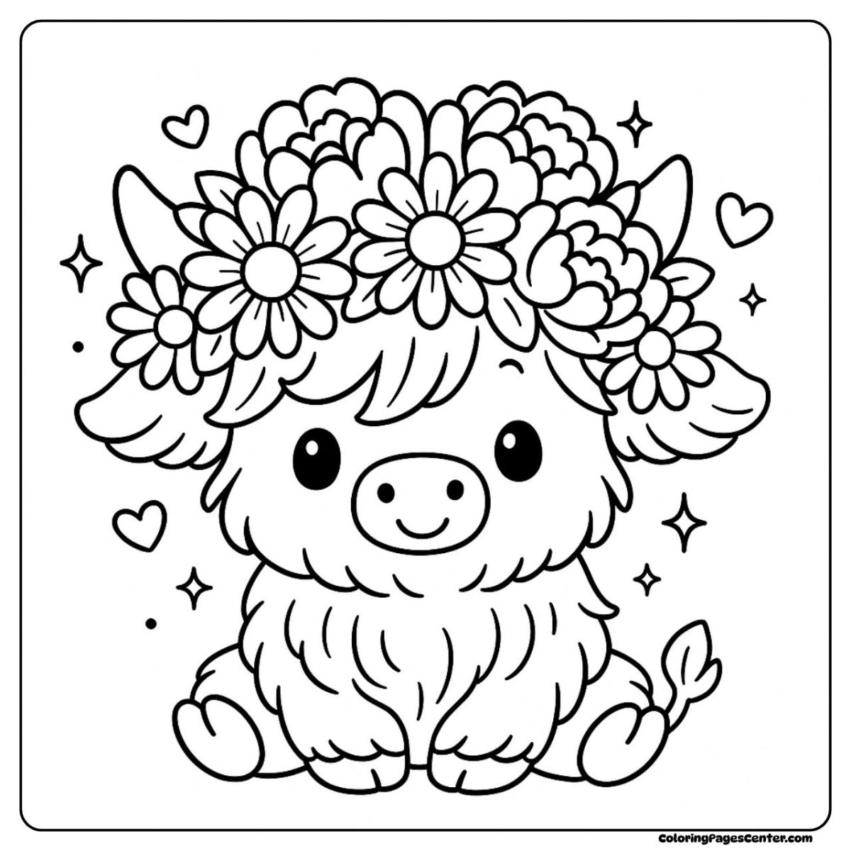 Flower coloring highland cow coloring page with a floral crown