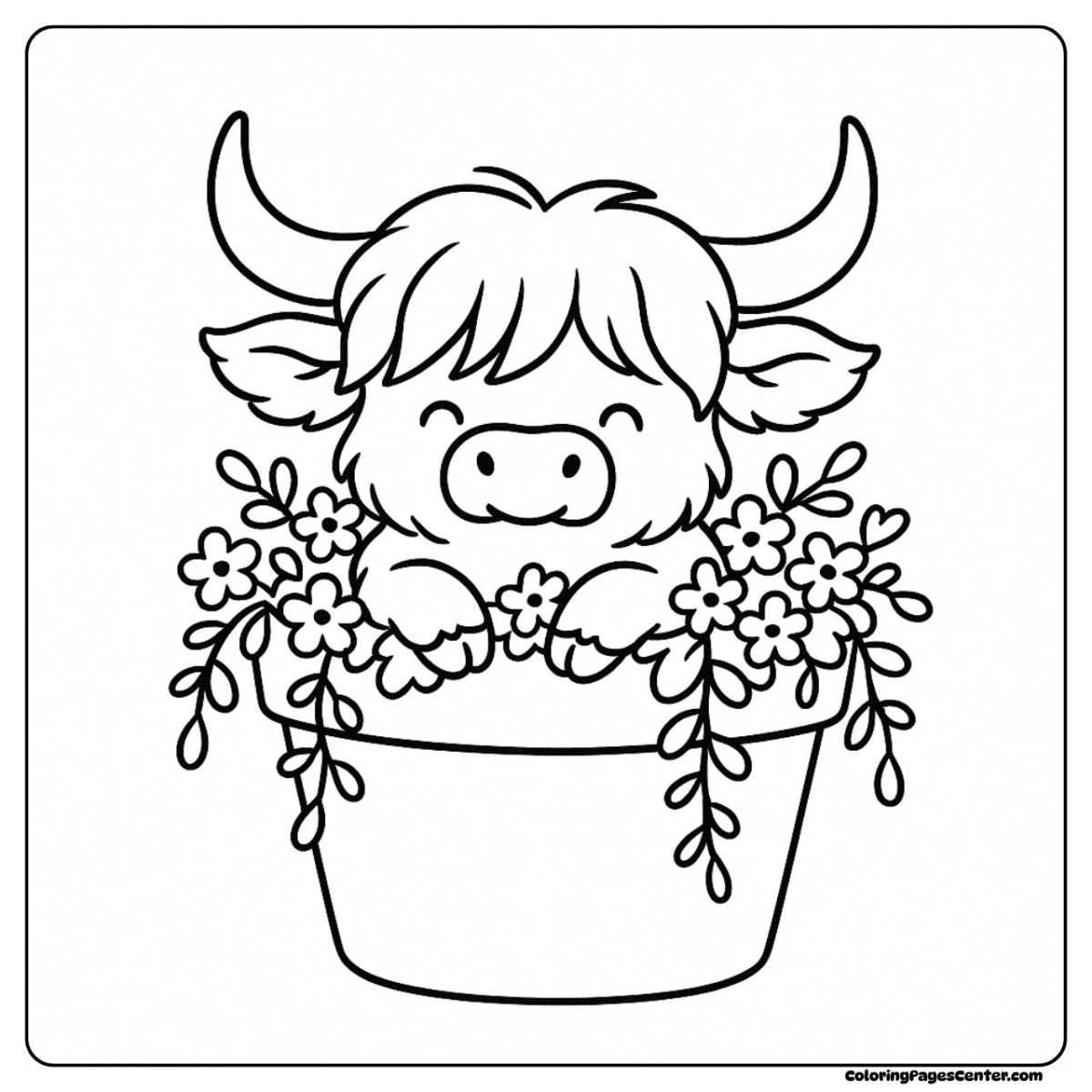Flower coloring highland cow coloring page surrounded by tiny petals