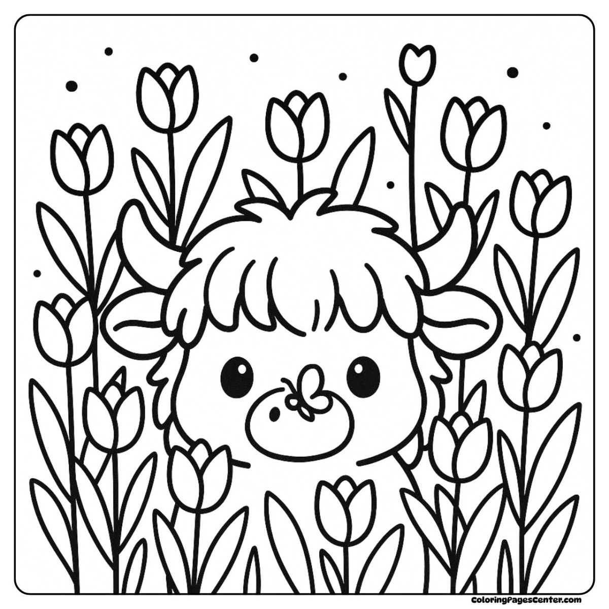 Flower coloring highland cow coloring page peeking through tulip garden Flower coloring highland cow coloring page in a tall tulip meadow