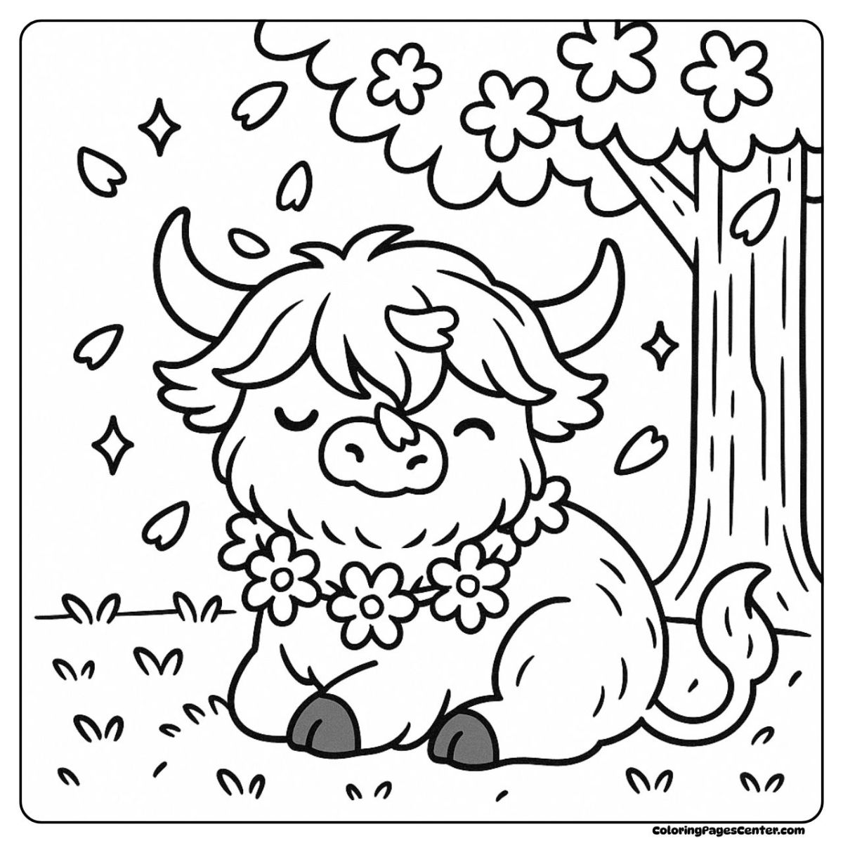 Flower coloring highland cow coloring page with gentle falling petals