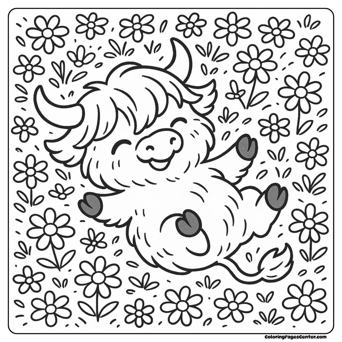 Flower coloring highland cow coloring page filled with cheerful blossoms