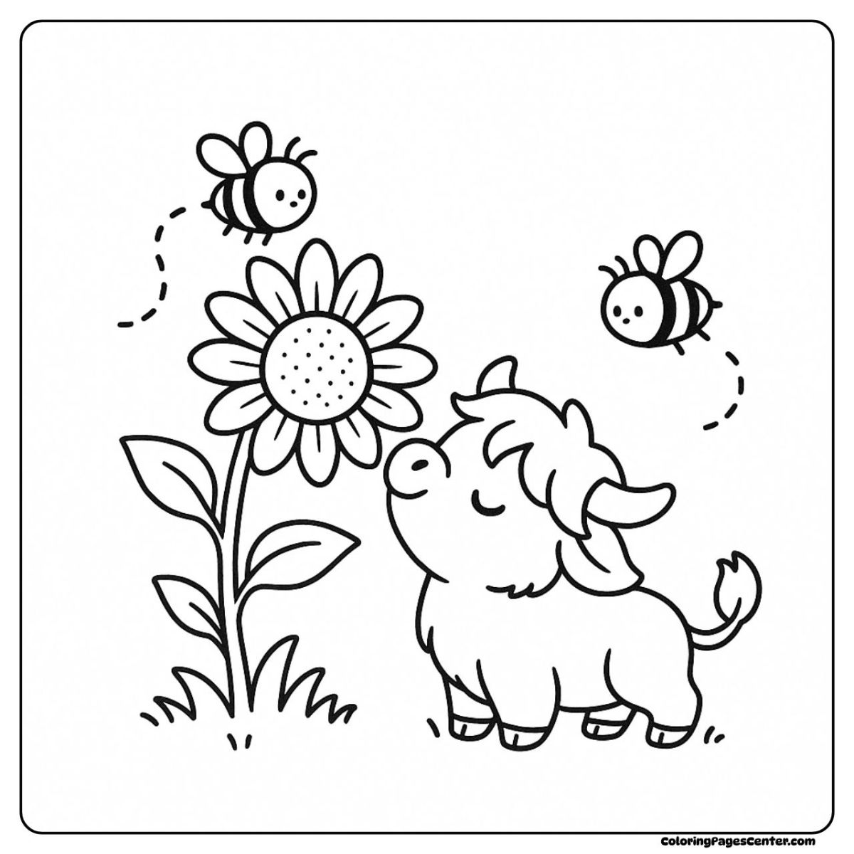 Flower coloring highland cow coloring page in a field with bees