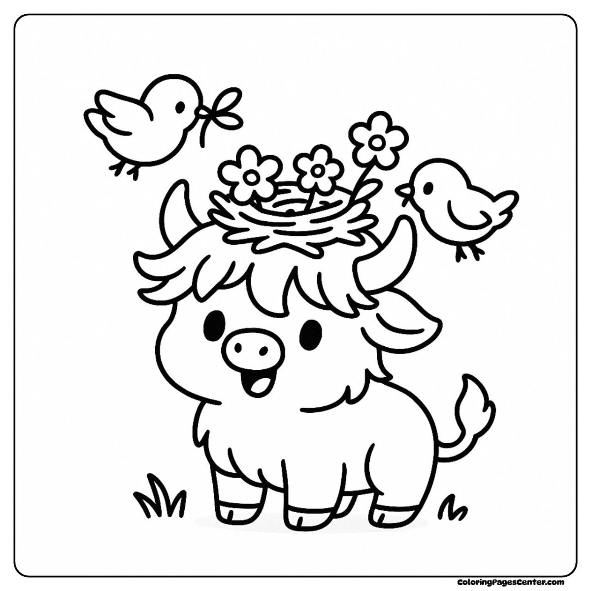 Flower coloring highland cow coloring page with birds nesting above